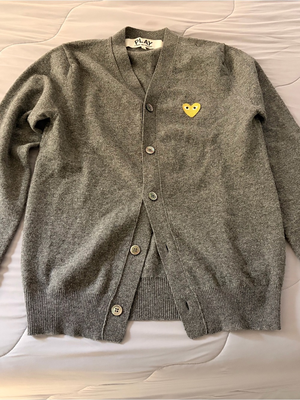 Grey Commes des Garçons Cardigan with Yellow Heart Patch